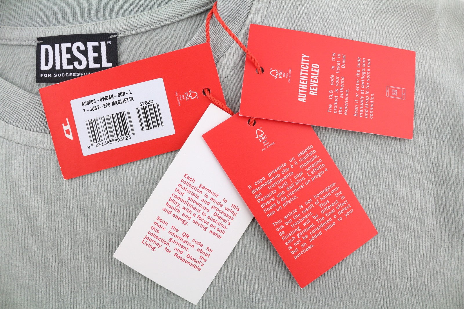 DIESEL T-Just-E20 Mens T-Shirt L Grey Fade Effect Crew Neck Short Sleeve