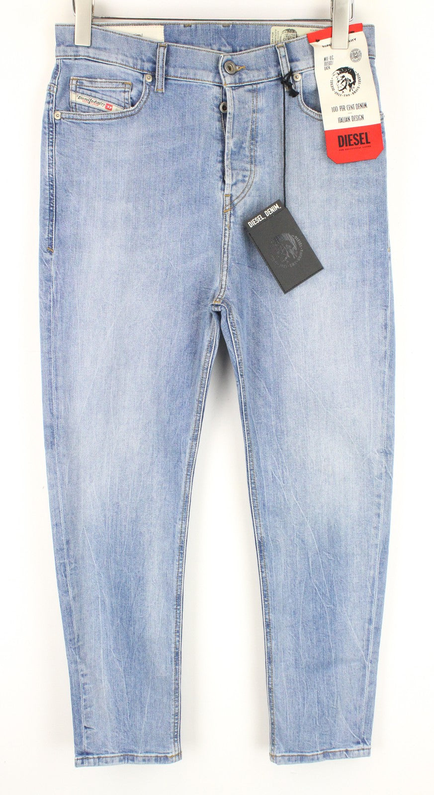 DIESEL D-Vider 081AL vyriški W29/L30 skalbti tamprūs morkų kirpimo mėlyni džinsiniai batai 