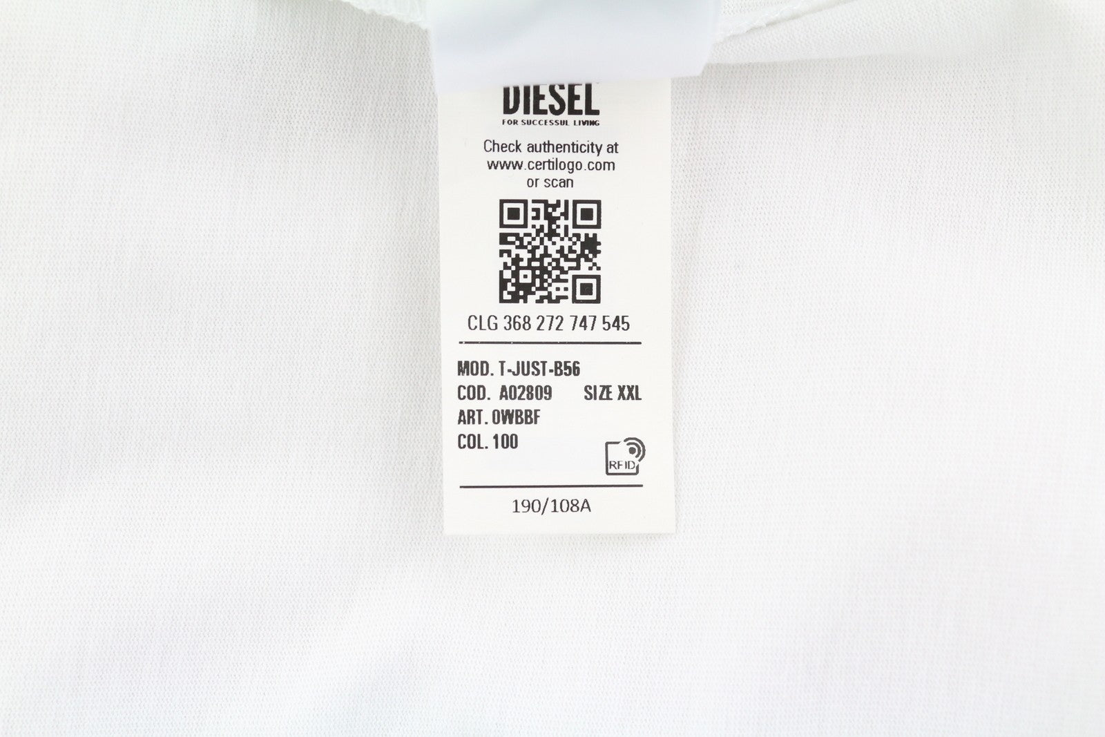 DIESEL T-Just-B56 Mens T-Shirt 2XL White Short Sleeve Tricot Crew Collar