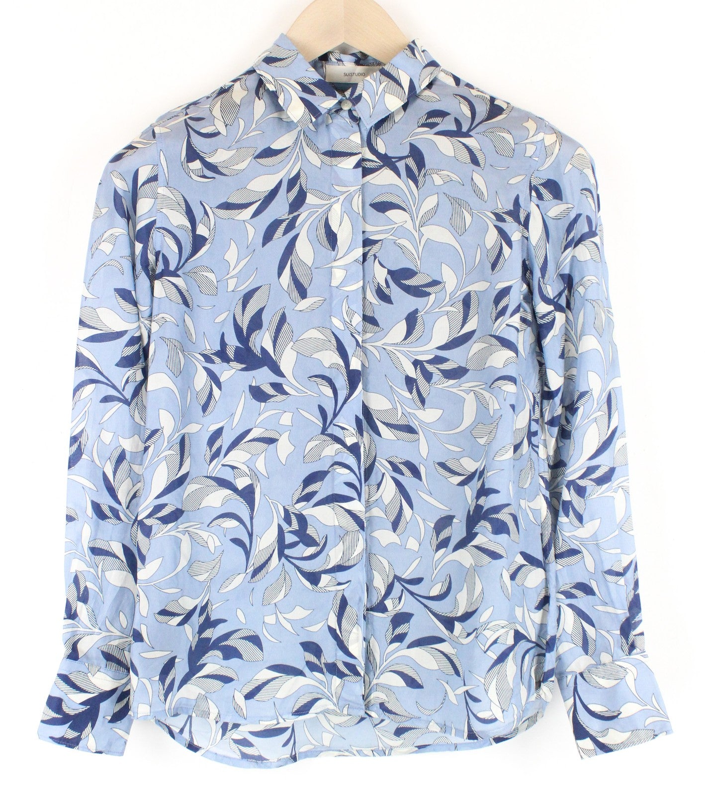 SUISTUDIO Charles Womens Silk Shirt UK6 Blue Lightweight Patterned Blouse