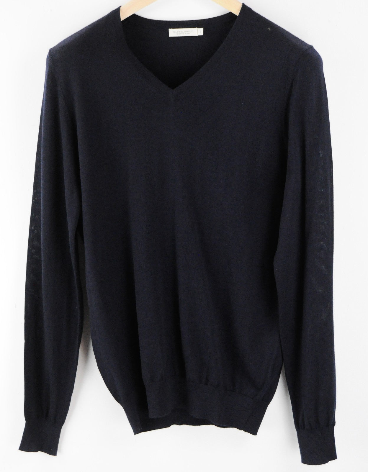 „SUITSUPPLY“ vyriškas merino vilnos megztinis su V formos iškirpte, tamsiai mėlynas, lengvas megztinis 
