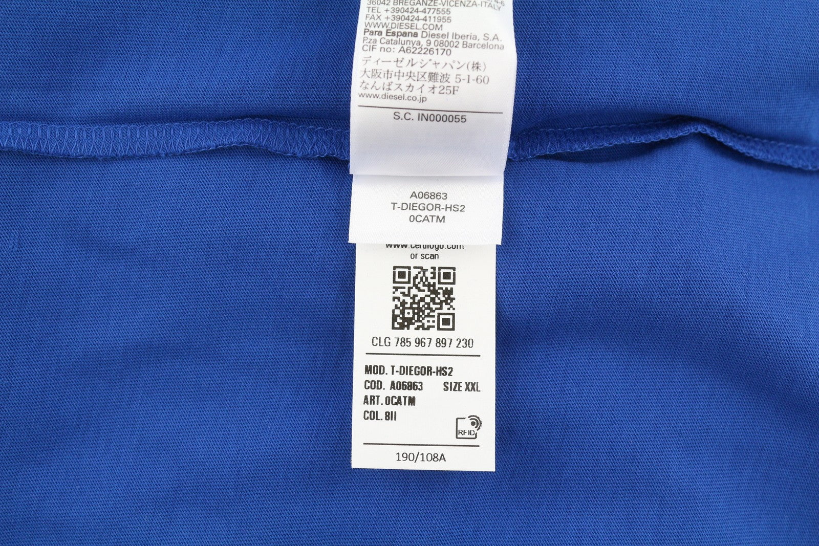 DIESEL T-Diegor-HS2 Mens T-Shirt 2XL Blue Short Sleeve Crew Neck Tricot