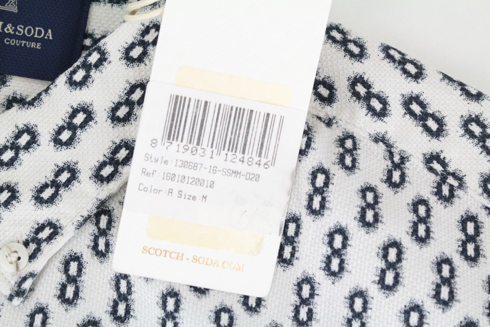 SCOTCH &amp; SODA vyriški marškinėliai M su abstrakčiais raštais, išskleista apykakle, laisvalaikio stiliaus.