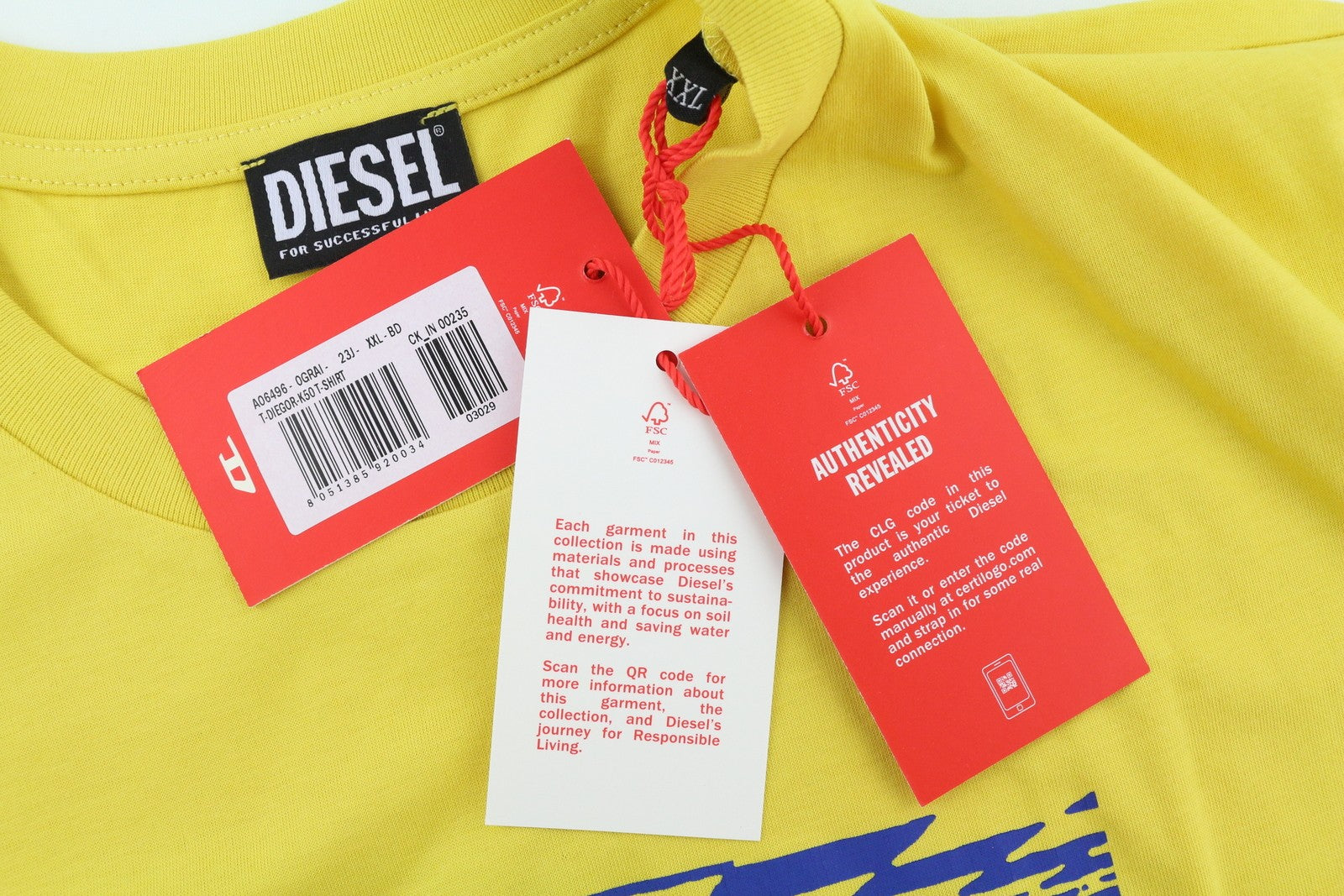 DIESEL T-Diegor-K50 Mens T-Shirt 2XL Yellow Short Sleeve Crew Neck Tricot