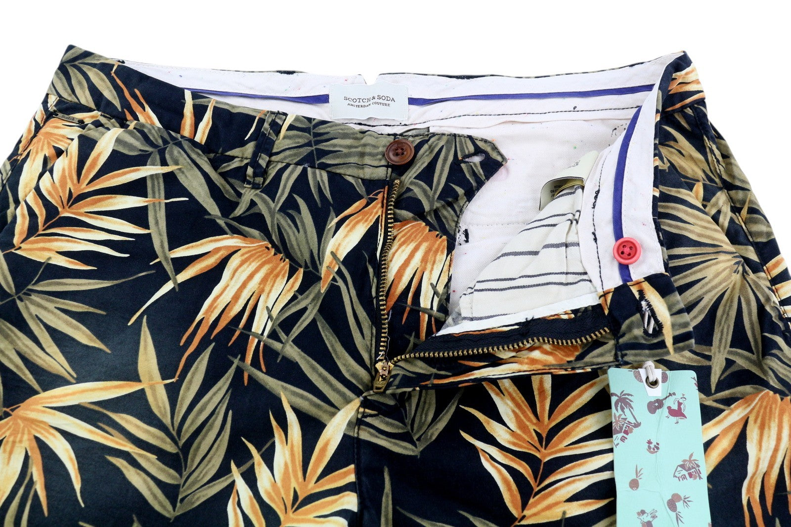 SCOTCH &amp; SODA vyriški šortai W31 Chino, tamsiai žali, raštuoti su užtrauktuku ir logotipu, laisvalaikio stiliaus. 