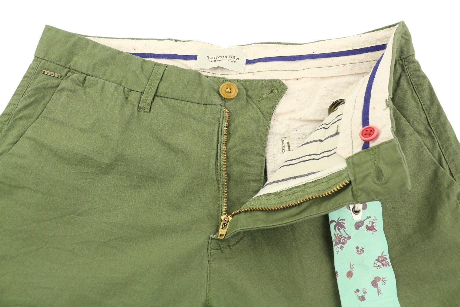 SCOTCH &amp; SODA vyriški šortai W28 Chino, žali, užtrauktuku, 5 kišenėmis, laisvalaikio logotipu 