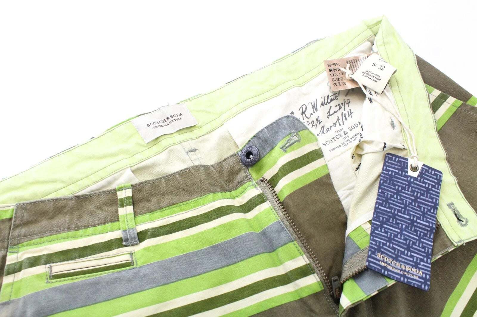 SCOTCH & SODA W32 Striped Green Chino Shorts  Pattern Mens