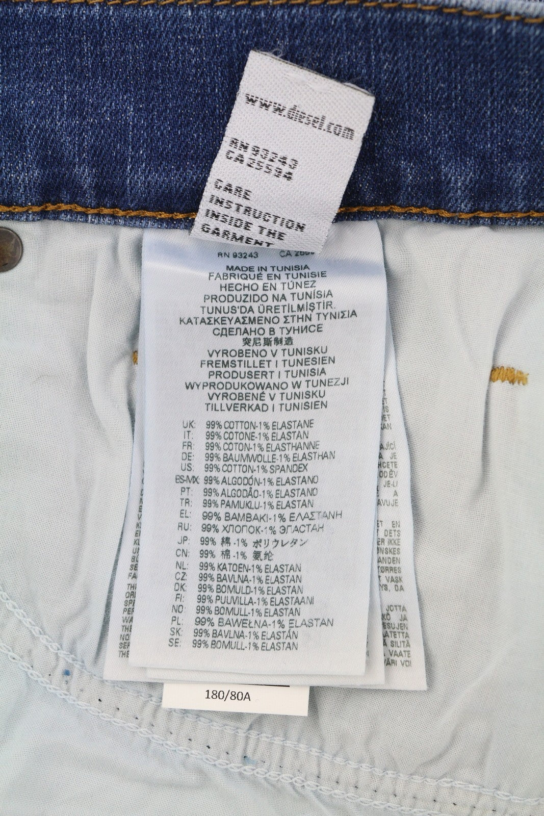 DIESEL D-Luster 009ZR vyriški džinsai W30/L30 Slim Stretch, su sagomis, skalbtos mėlynos spalvos 