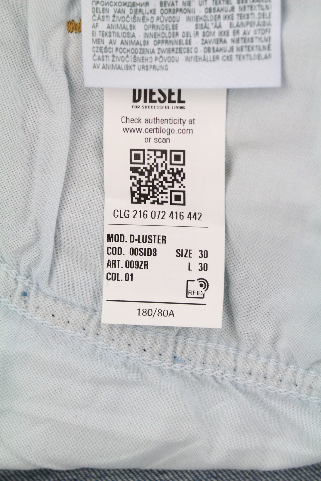 DIESEL D-Luster 009ZR vyriški džinsai W30/L30 Slim Stretch, su sagomis, skalbtos mėlynos spalvos 