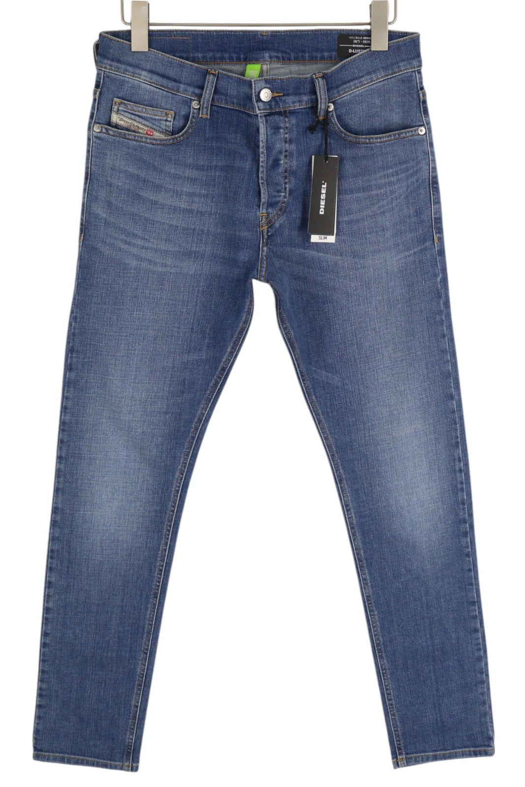 DIESEL D-Luster 009ZR vyriški džinsai W30/L30 Slim Stretch, su sagomis, skalbtos mėlynos spalvos 