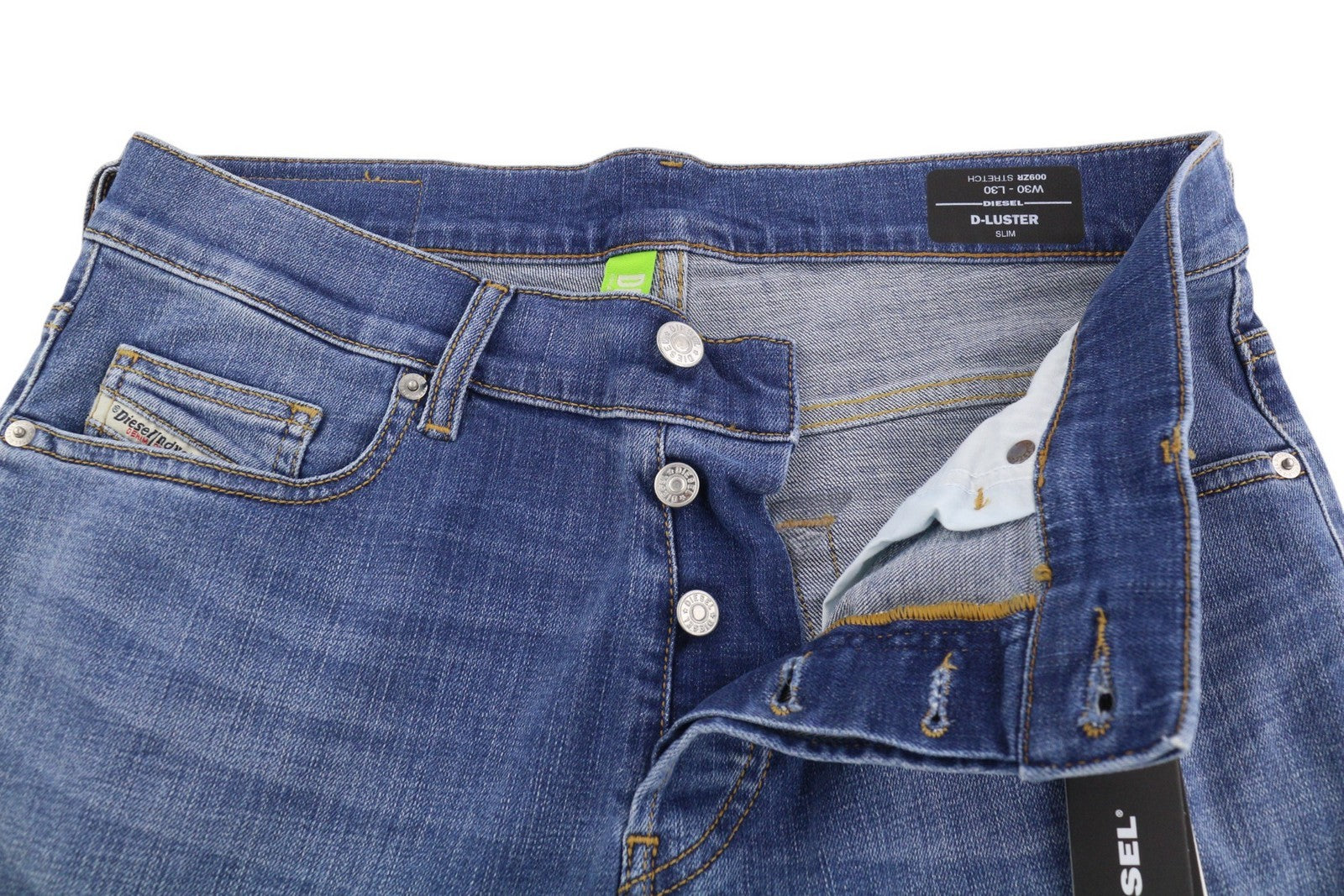 DIESEL D-Luster 009ZR vyriški džinsai W30/L30 Slim Stretch, su sagomis, skalbtos mėlynos spalvos 