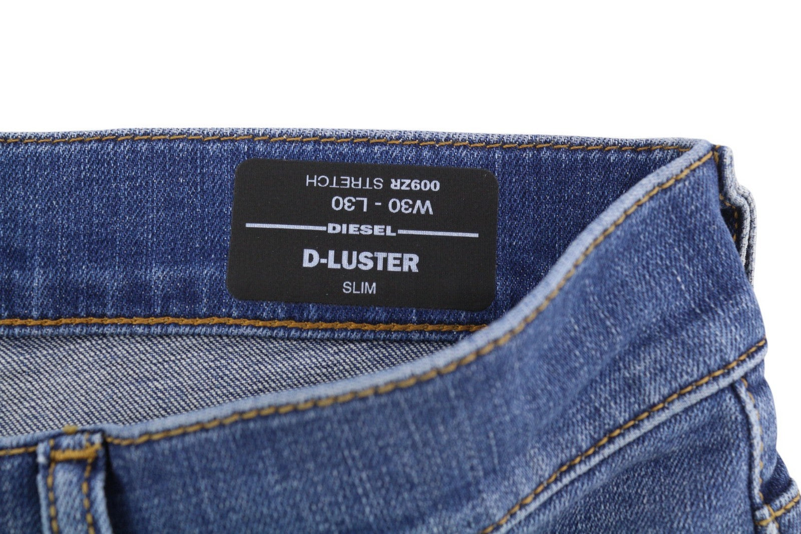 DIESEL D-Luster 009ZR vyriški džinsai W30/L30 Slim Stretch, su sagomis, skalbtos mėlynos spalvos 
