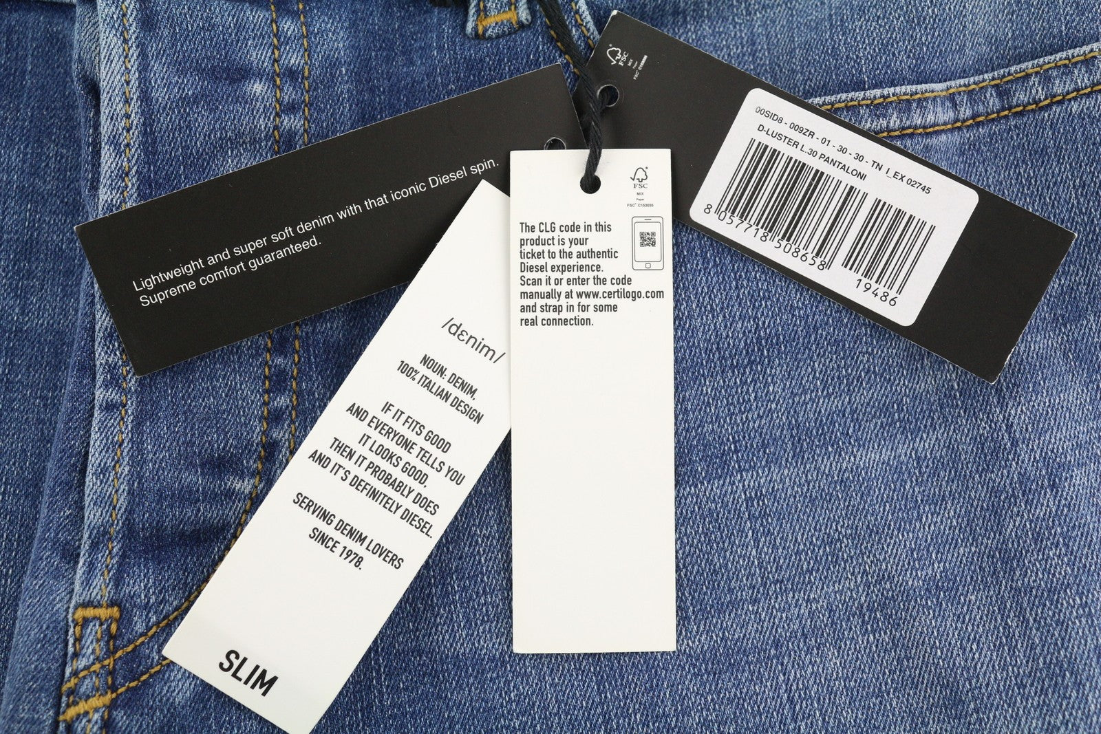 DIESEL D-Luster 009ZR vyriški džinsai W30/L30 Slim Stretch, su sagomis, skalbtos mėlynos spalvos 