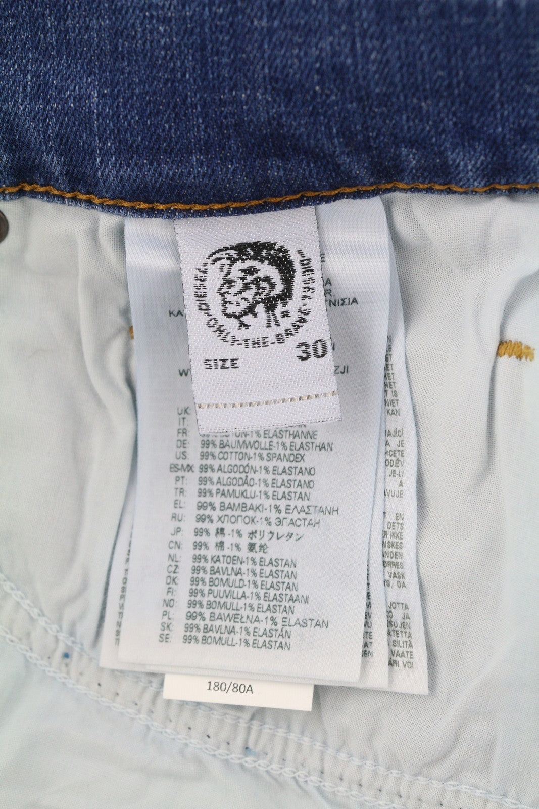 DIESEL D-Luster 009ZR vyriški džinsai W30/L30 Slim Stretch, su sagomis, skalbtos mėlynos spalvos 