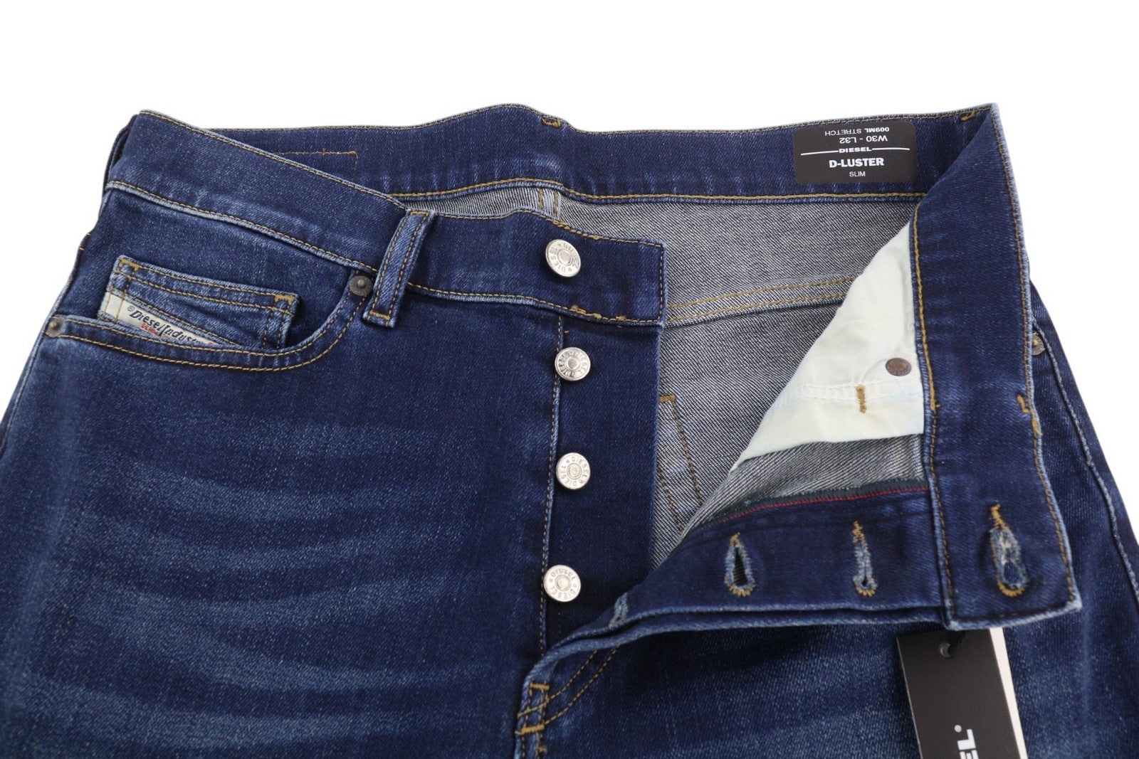 DIESEL D-Luster 009ML vyriški džinsai W30/L32 Slim Stretch su sagomis, mėlyni 
