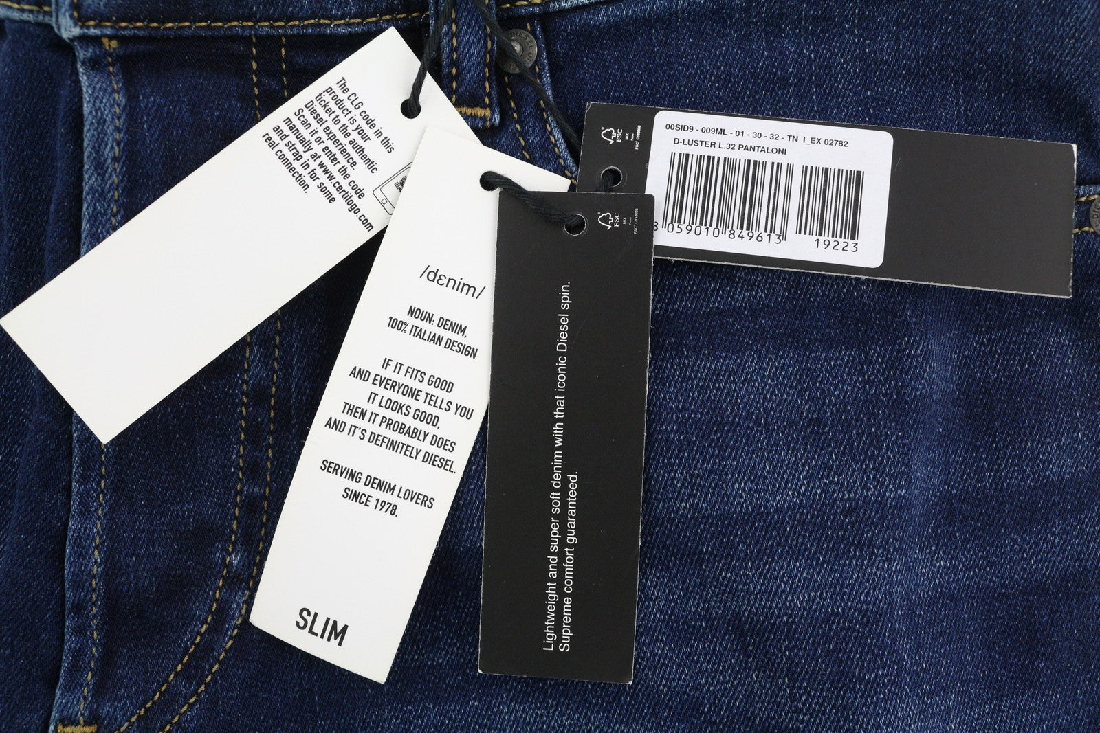 DIESEL D-Luster 009ML vyriški džinsai W30/L32 Slim Stretch su sagomis, mėlyni 