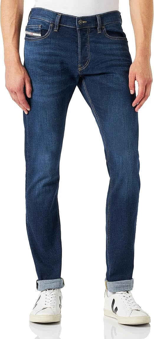 DIESEL D-Luster 0ELAW vyriški džinsai W32/L32 Slim su sagomis, skalbtos mėlynos spalvos 