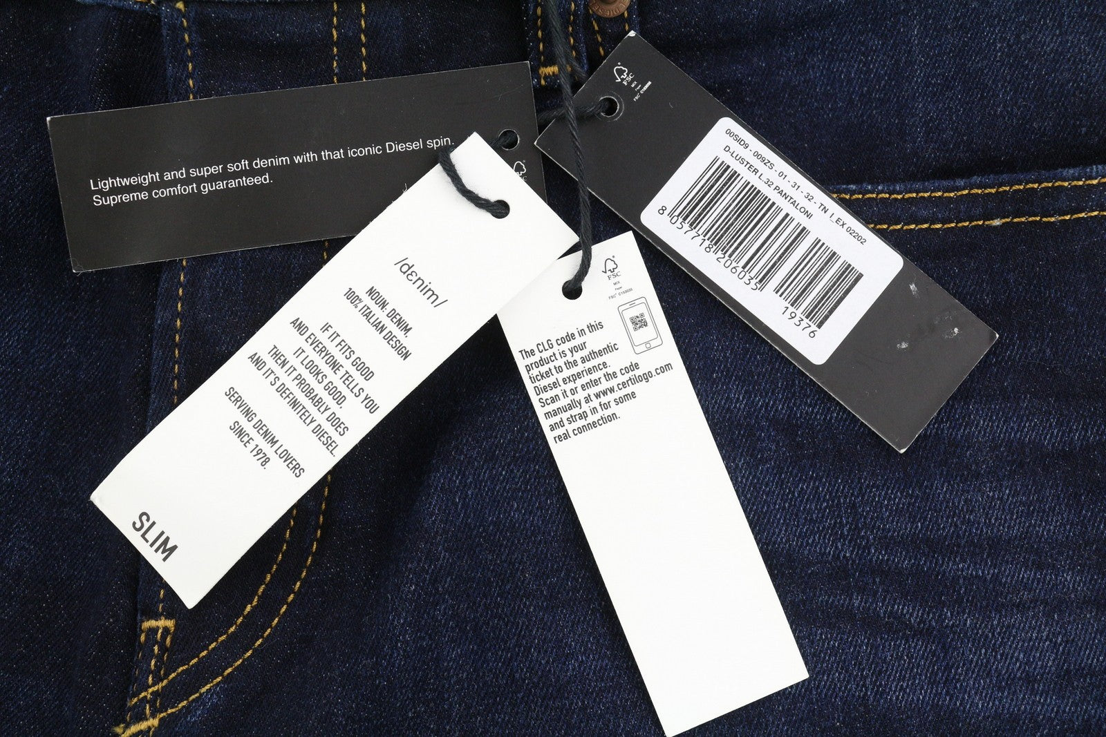 DIESEL D-Luster 009ZS vyriški džinsai W31/L32 Slim Stretch su sagomis, mėlyni 
