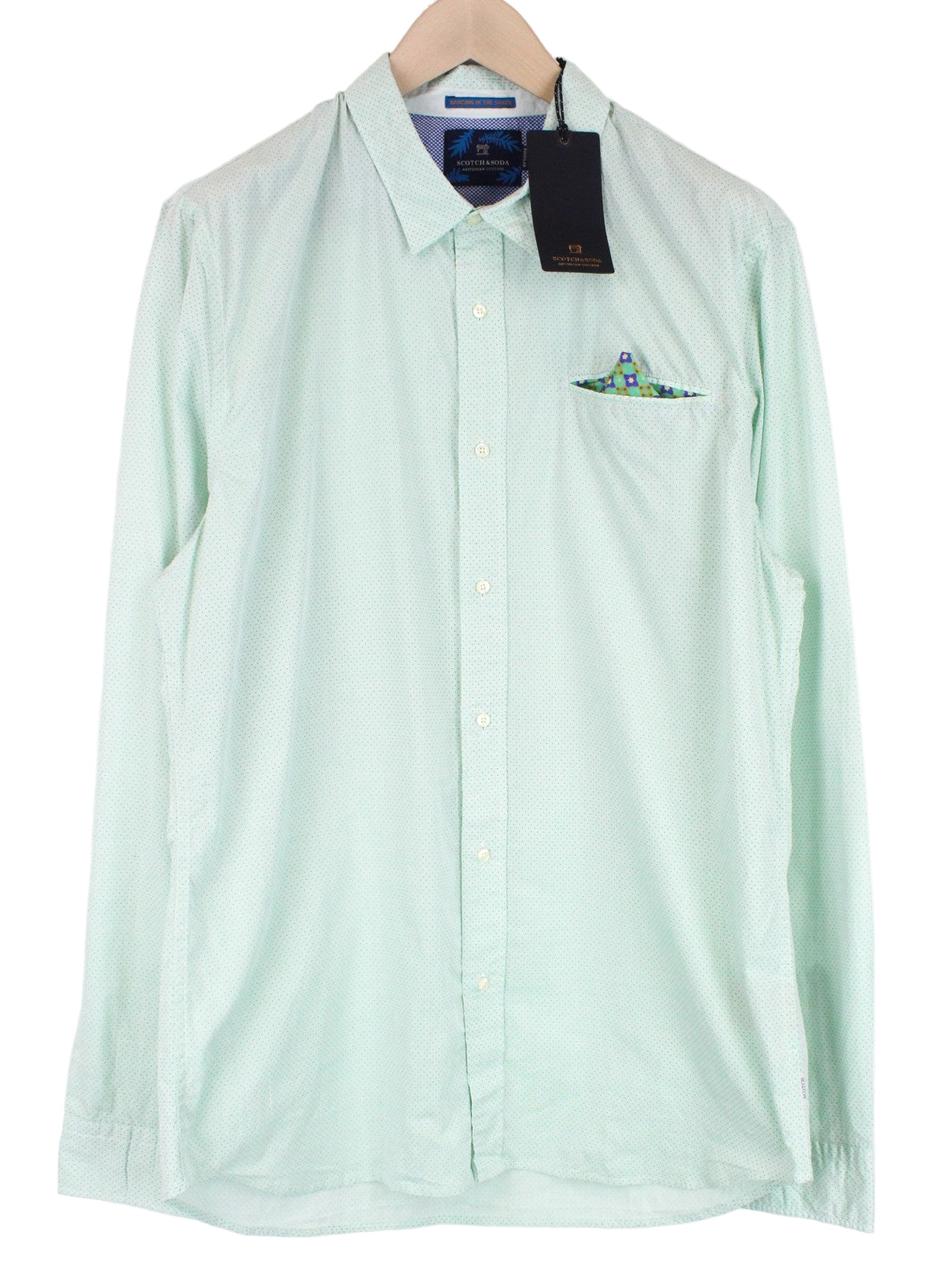 SCOTCH &amp; SODA vyriški 2XL dydžio žali marškinėliai su taškeliais ir sagomis užsegama kišeninė nosinaitė. 