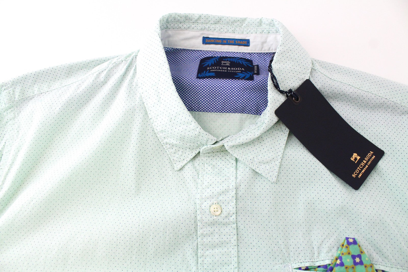 SCOTCH &amp; SODA vyriški 2XL dydžio žali marškinėliai su sagomis ir taškeliais, raštu, su kišenėmis. 