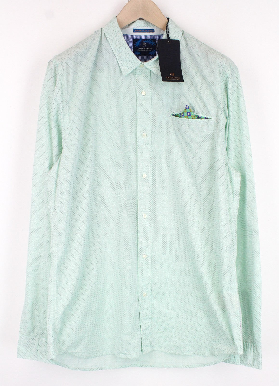 SCOTCH &amp; SODA vyriški 2XL dydžio žali marškinėliai su sagomis ir taškeliais, raštu, su kišenėmis. 