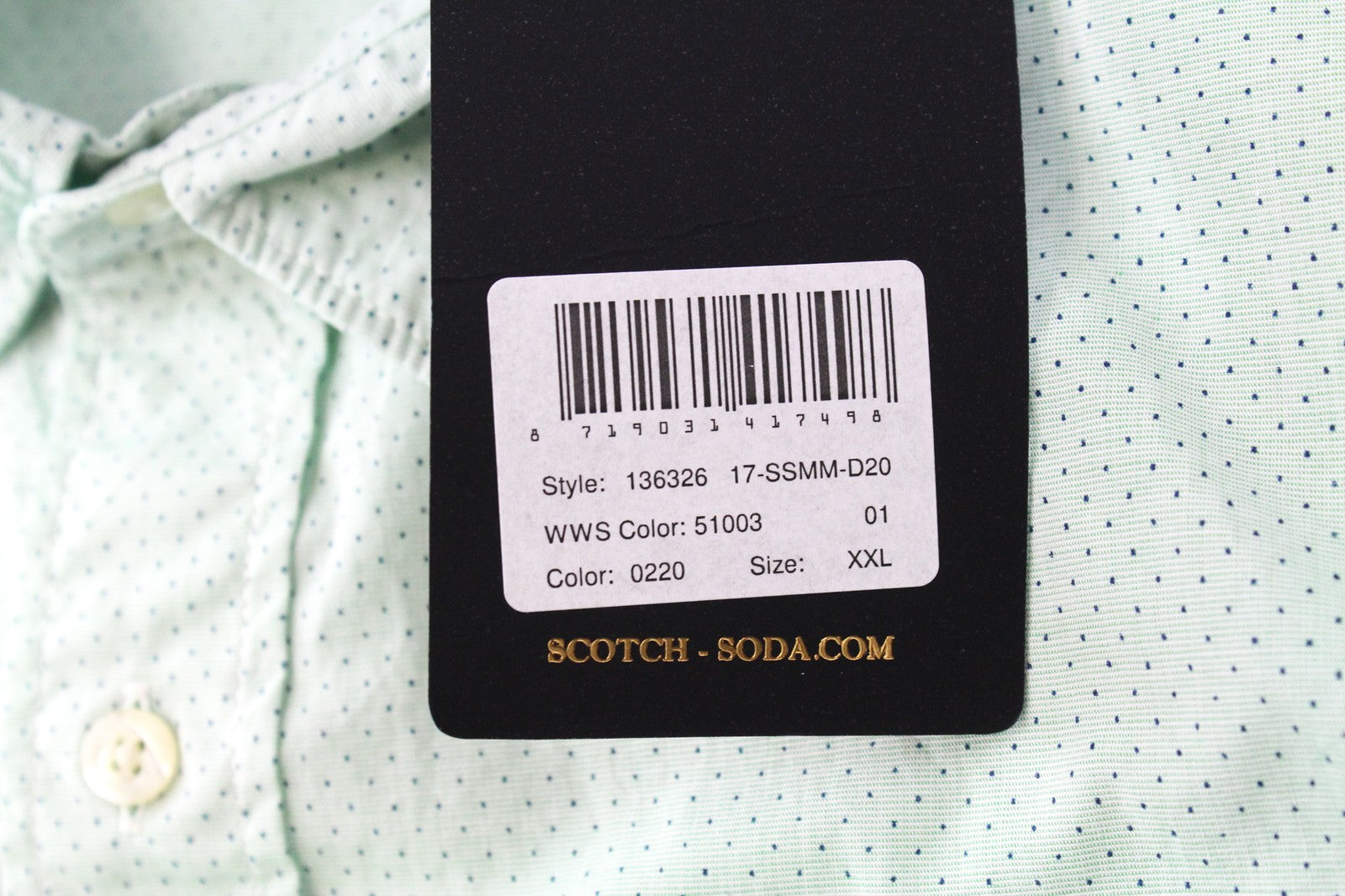 SCOTCH &amp; SODA vyriški 2XL dydžio žali marškinėliai su sagomis ir taškeliais, raštu, su kišenėmis. 