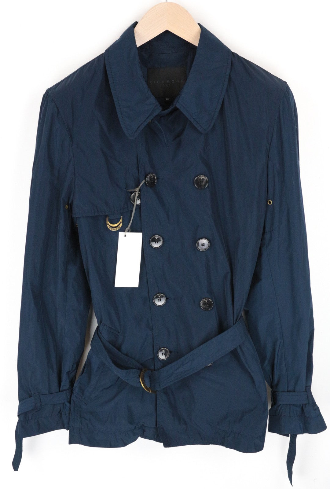 RICHMOND X vyriška striukė 48 su diržu, trumpa lietpalčio nailono striukė, laisvalaikio mėlyna 