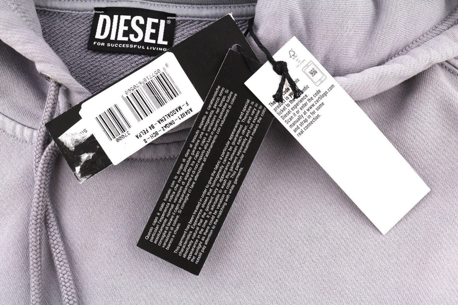 DIESEL F-Magdalena Felpa moteriškas džemperis su gobtuvu S dydžio, violetinis, su gobtuvu ir dirželiais, RRP 175 € 