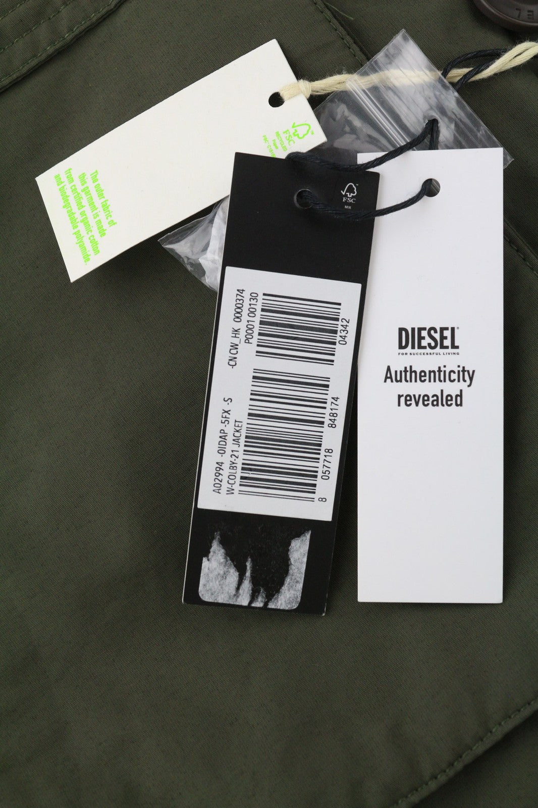 DIESEL W-Colby vyriška striukė S, chaki žalia, su pašiltintu gobtuvu ir kišene, RRP 395 € 