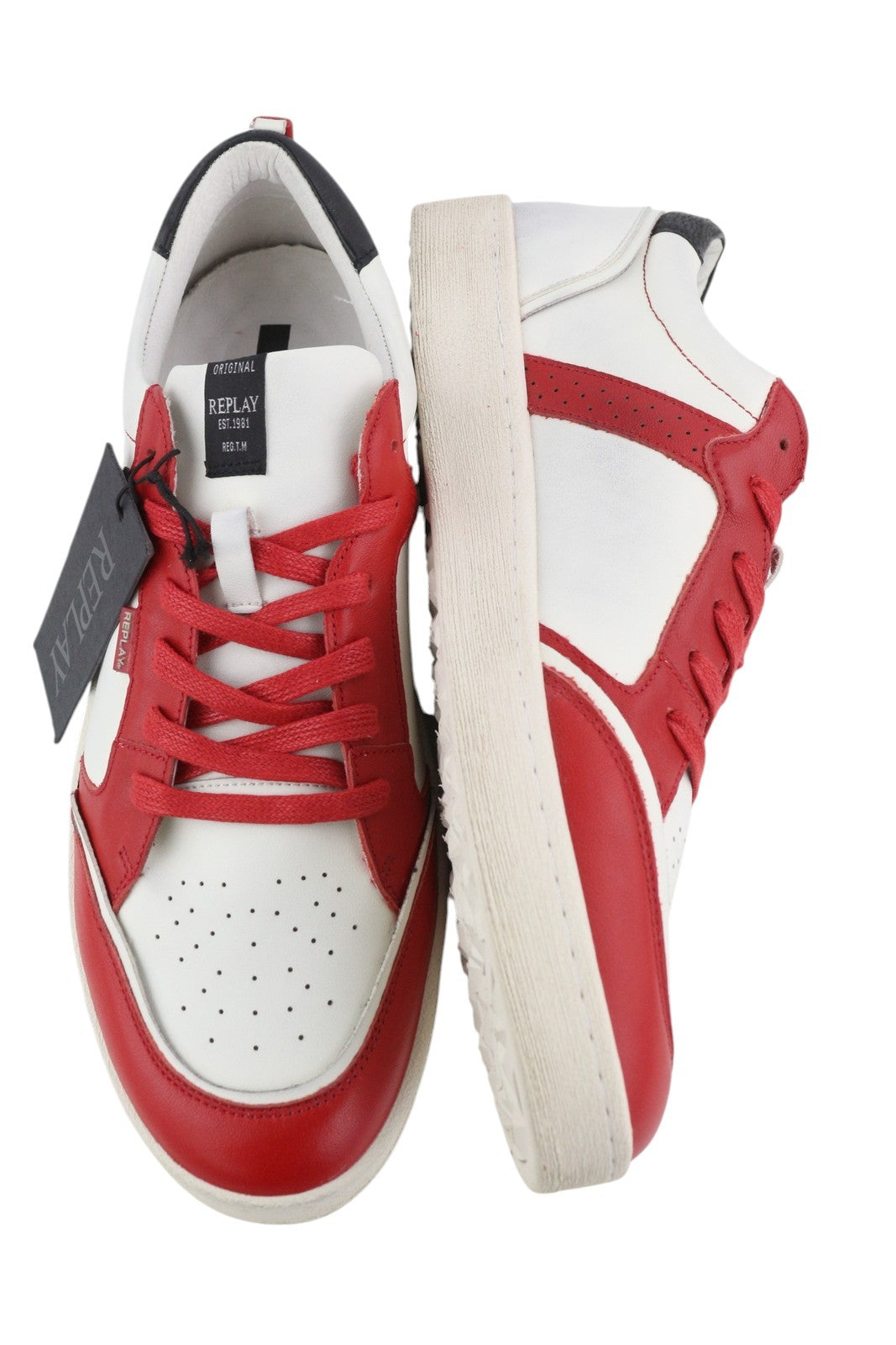 REPLAY vyriški sportbačiai EU44 balti odiniai žemapadžiai sportbačiai su raišteliais, migdolų nosimis, raudoni 