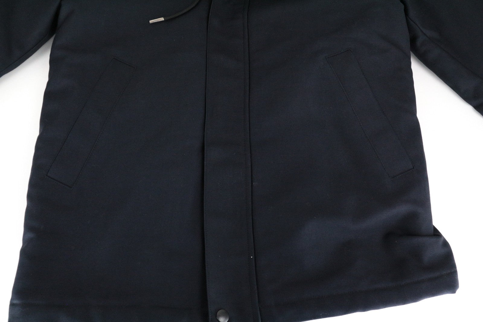 SANDRO S vyriška striukė su tamsiai mėlyna spalva, klasikinė, su gobtuvu, dirbtinio kailio denio parka, grynos medvilnės 