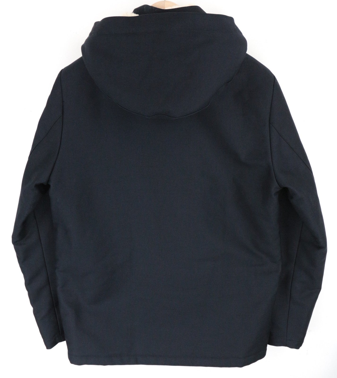 SANDRO S vyriška striukė su tamsiai mėlyna spalva, klasikinė, su gobtuvu, dirbtinio kailio denio parka, grynos medvilnės 