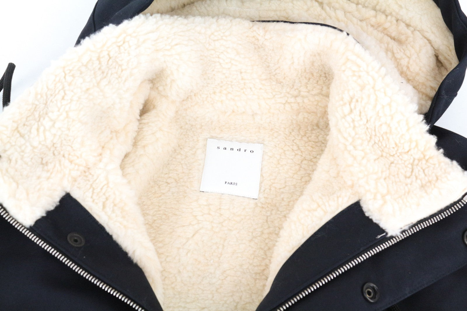 SANDRO S vyriška striukė su tamsiai mėlyna spalva, klasikinė, su gobtuvu, dirbtinio kailio denio parka, grynos medvilnės 