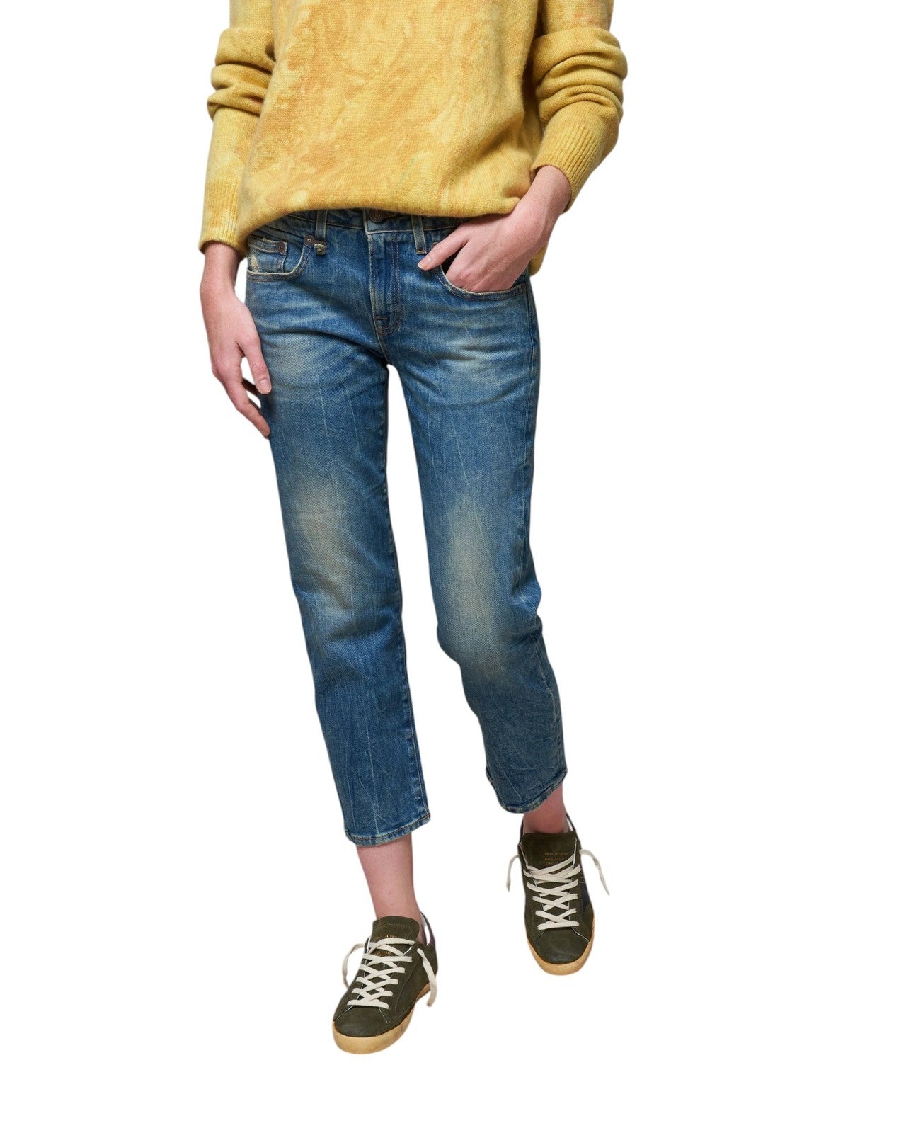 R13 Boy Straight Women Jeans 29 Cropped Ankle Washed Blue Kelly Stretch RRP€645