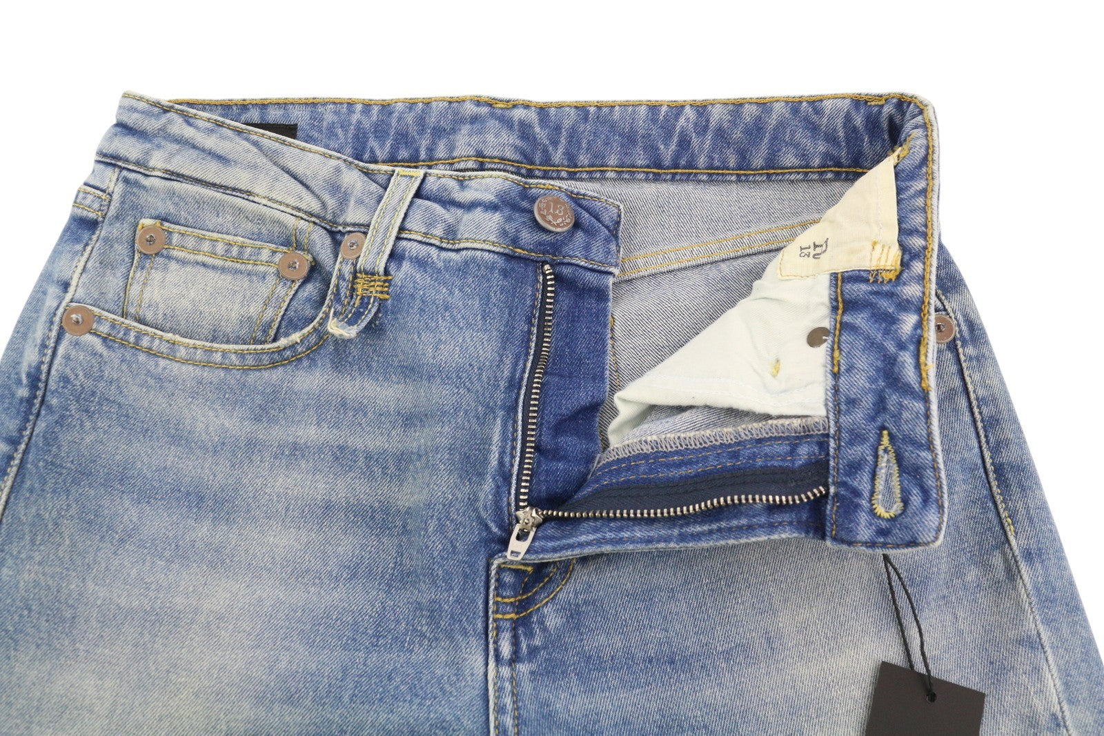 R13 Kick moteriški džinsai, 27 dydis, skalbtos mėlynos spalvos, trumpinti, su užtrauktuku ir Jasper tamprės. RMK 695 €