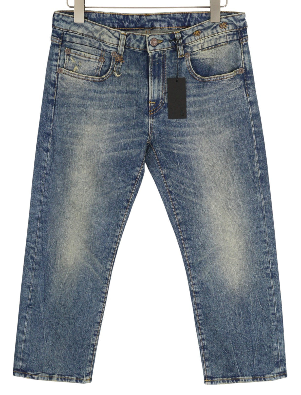 Berniukų tiesūs moteriški džinsai R13, 30, trumpi, iki kulkšnies, skalbtos mėlynos spalvos, tamprūs, RRP 645 € 