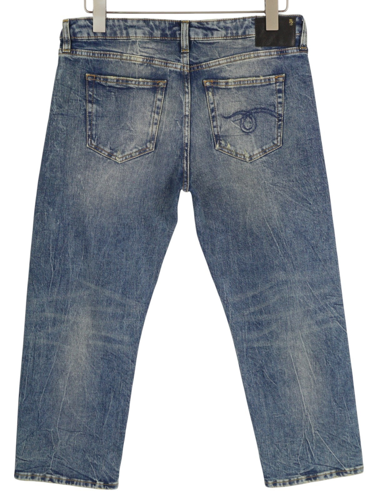 Berniukų tiesūs moteriški džinsai R13, 30, trumpi, iki kulkšnies, skalbtos mėlynos spalvos, tamprūs, RRP 645 € 