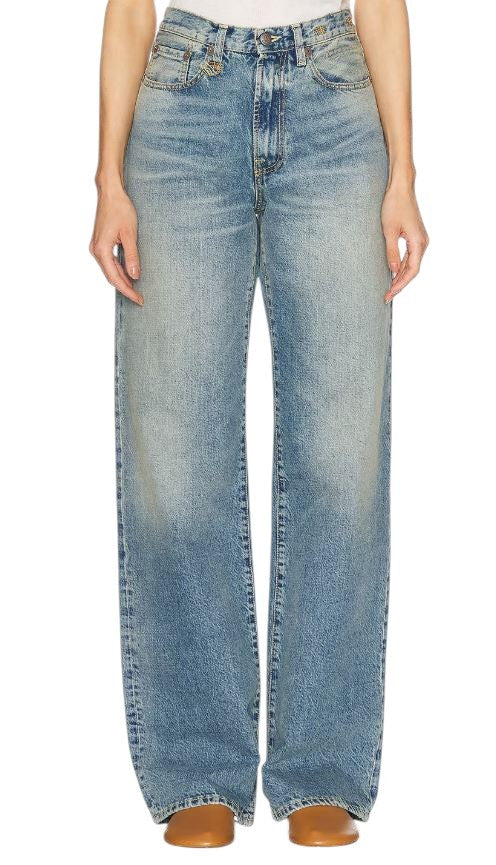 R13 D'Arcy Loose Women Jeans 29 Veiled Blue Washed Zip Denim Painted RRP€695