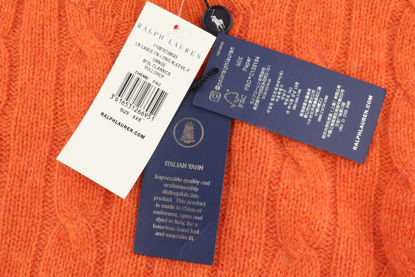 RALPH LAUREN kašmyro vyriškas megztinis 2XS oranžinis megztinis su kabelio formos mezginiu, rekomenduojama mažmeninė kaina 549 € 