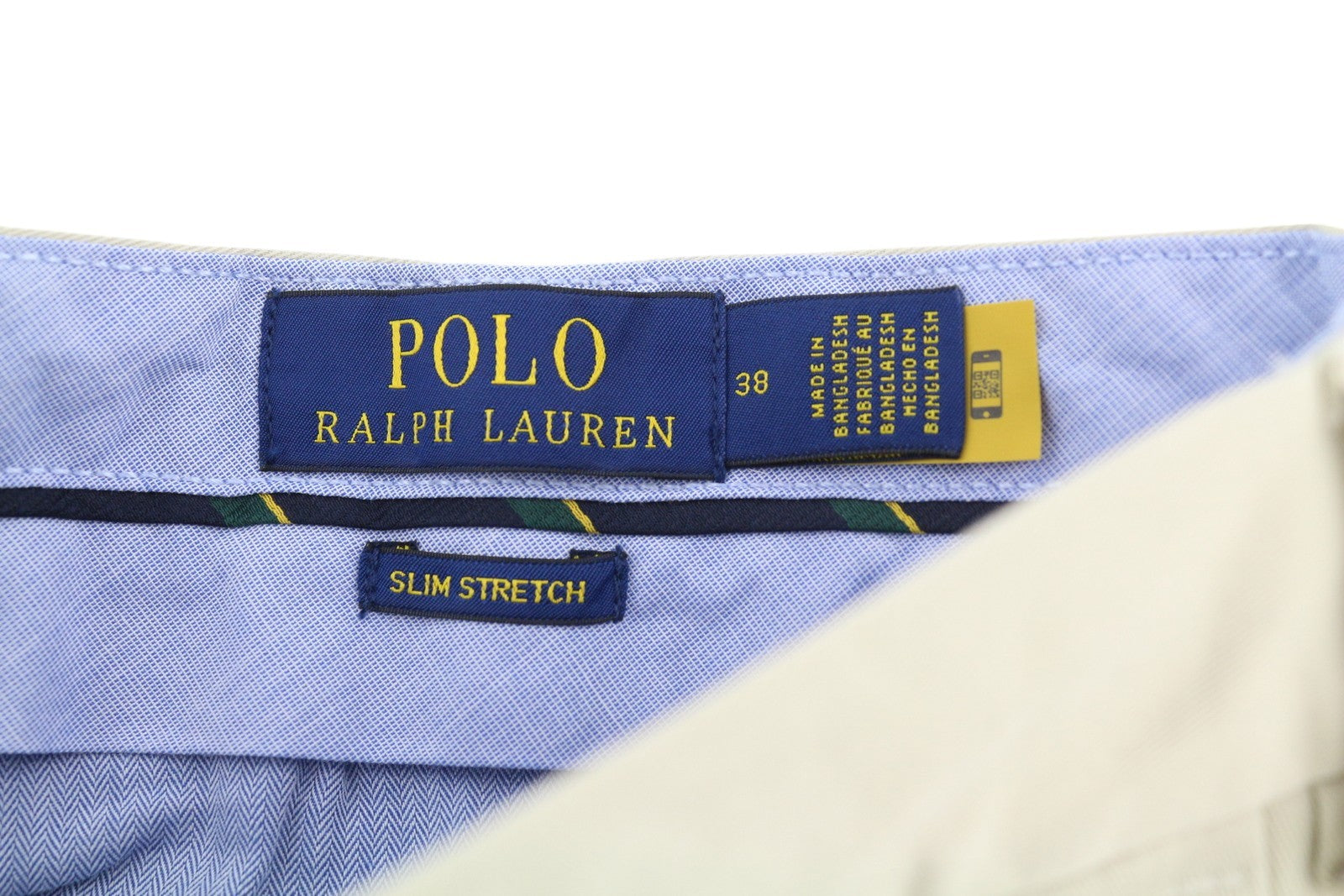 RALPH LAUREN Slim Stretch vyriški šortai, 38 cm, chino, smėlio spalvos, su užtrauktuku ir logotipu, rekomenduojama kaina – 180 € 
