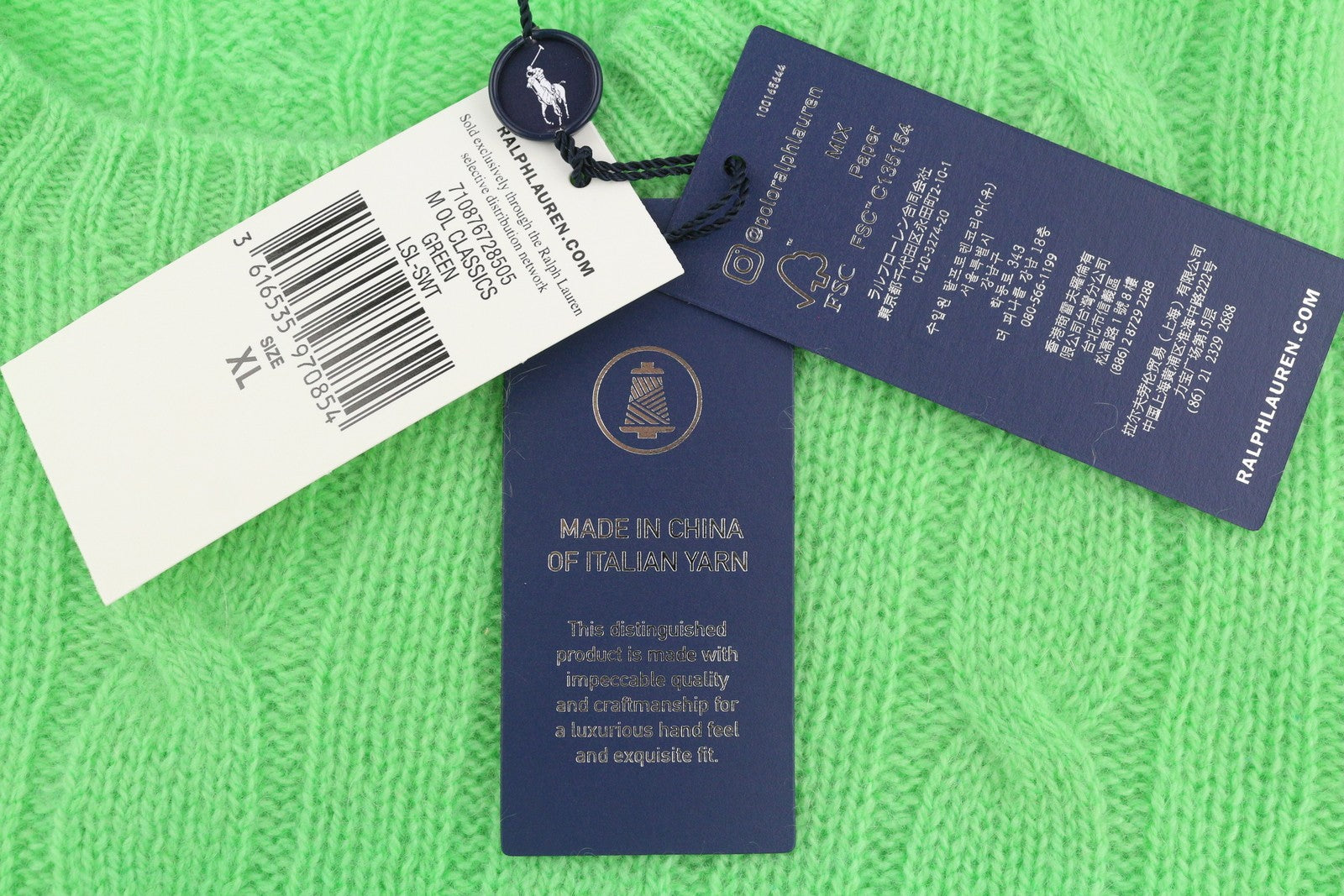 RALPH LAUREN kašmyro vyriškas megztinis XL dydžio žalias megztinis su kabelio formos mezginiu, logotipas, rekomenduojama kaina – 549 € 