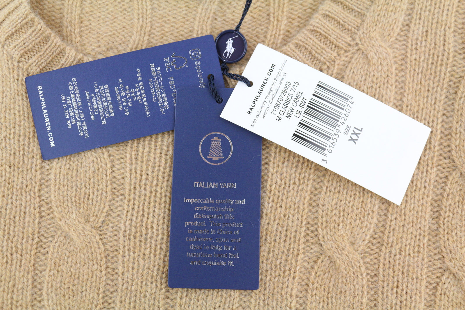 RALPH LAUREN kašmyro vyriškas megztinis 2XL dydžio, kupranugario spalvos, megztinis su kabeliu, rekomenduojama kaina – 619 € 