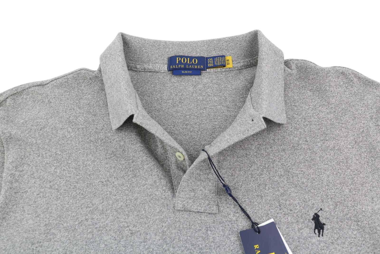 RALPH LAUREN Slim Fit vyriški marškinėliai, 2XL dydžio, pilki melanžo spalvos, ilgomis rankovėmis, rekomenduojama kaina – 135 € 