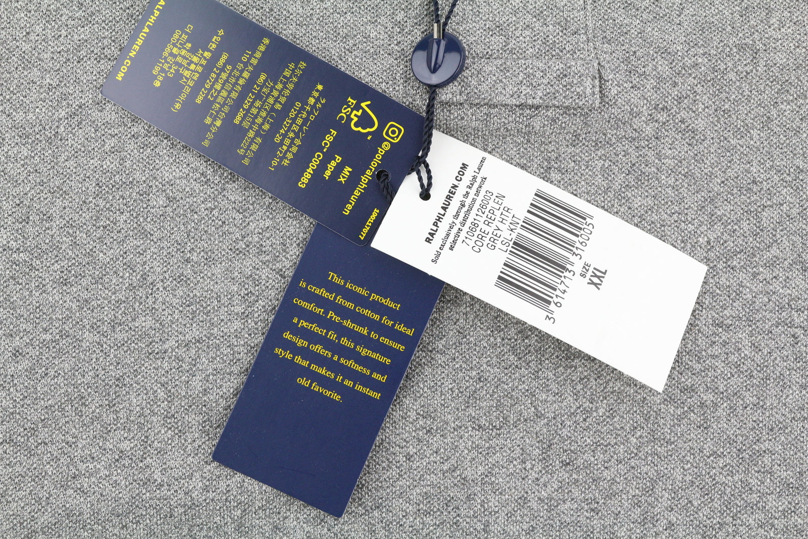 RALPH LAUREN Slim Fit vyriški marškinėliai, 2XL dydžio, pilki melanžo spalvos, ilgomis rankovėmis, rekomenduojama kaina – 135 € 