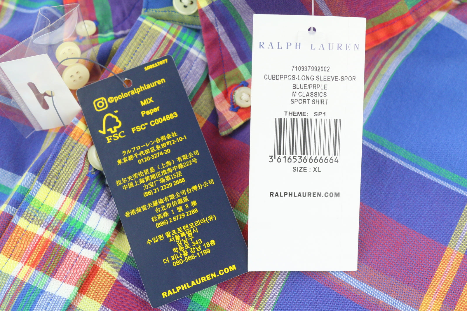 RALPH LAUREN vyriški marškinėliai su XL dydžio languotu raštu, užsegami sagomis, RRP175