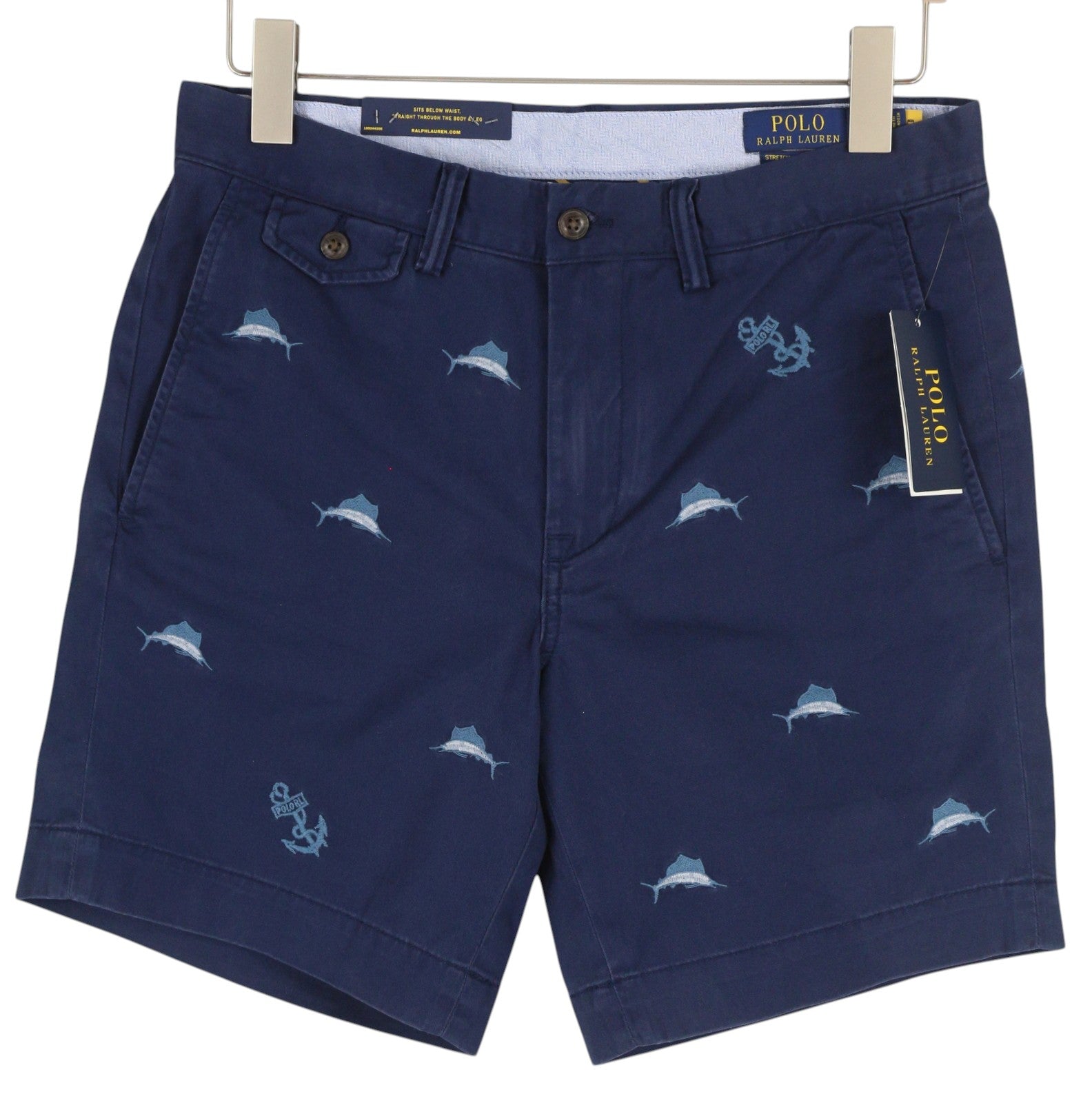 RALPH LAUREN tamprūs tiesaus kirpimo vyriški šortai, 31, tamsiai mėlyni, siuvinėti chino stiliaus 