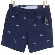 RALPH LAUREN tamprūs tiesaus kirpimo vyriški šortai, 31, tamsiai mėlyni, siuvinėti chino stiliaus 