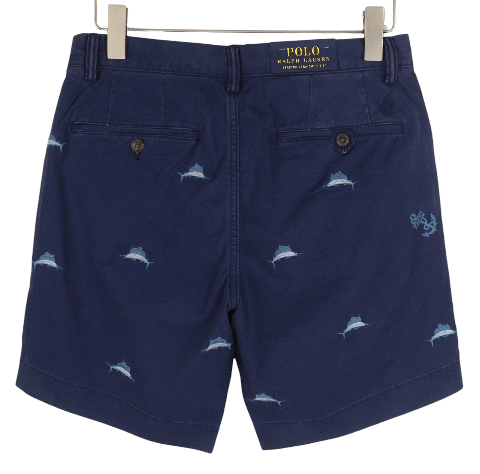 RALPH LAUREN tamprūs tiesaus kirpimo vyriški šortai, 31, tamsiai mėlyni, siuvinėti chino stiliaus 