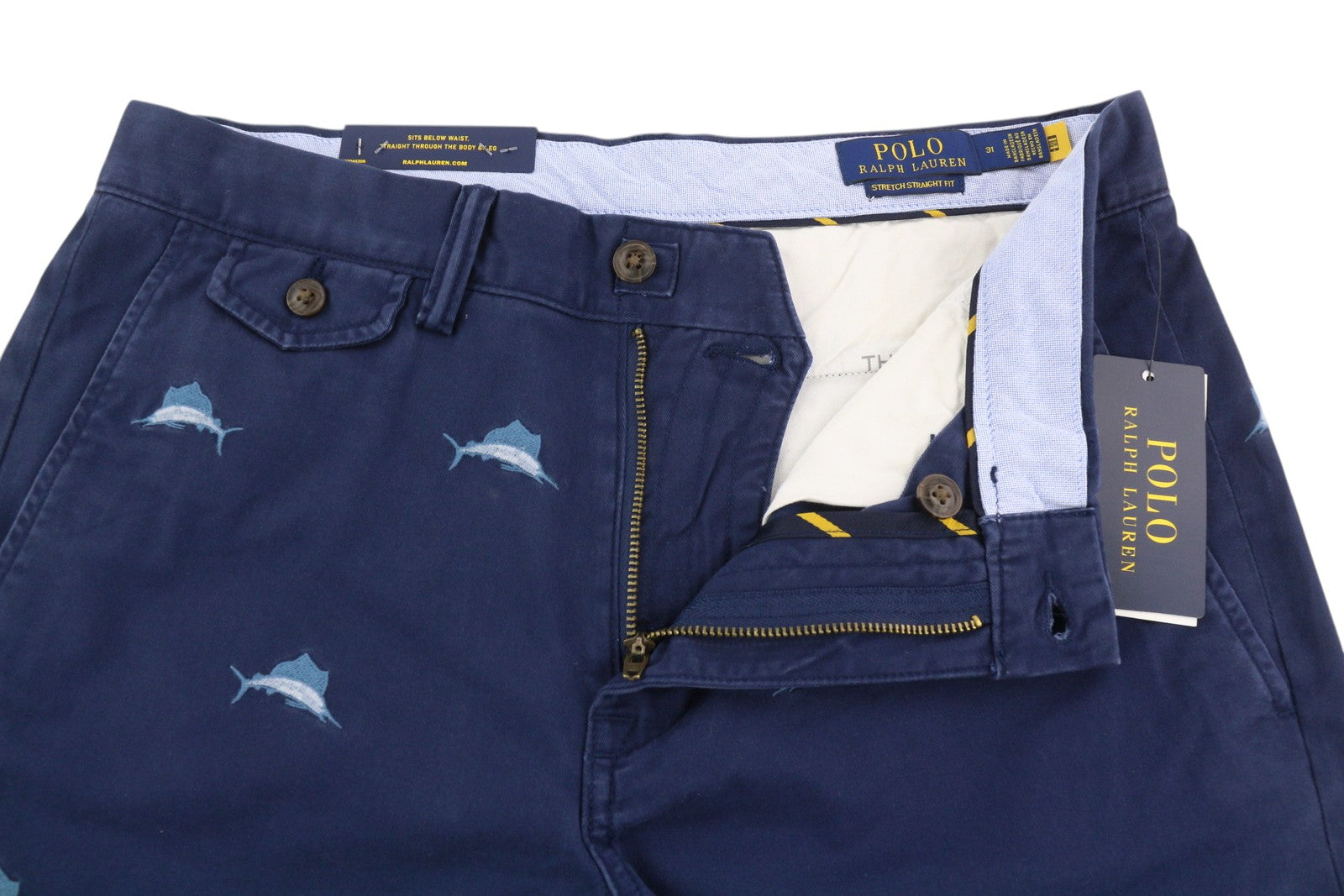 RALPH LAUREN tamprūs tiesaus kirpimo vyriški šortai, 31, tamsiai mėlyni, siuvinėti chino stiliaus 