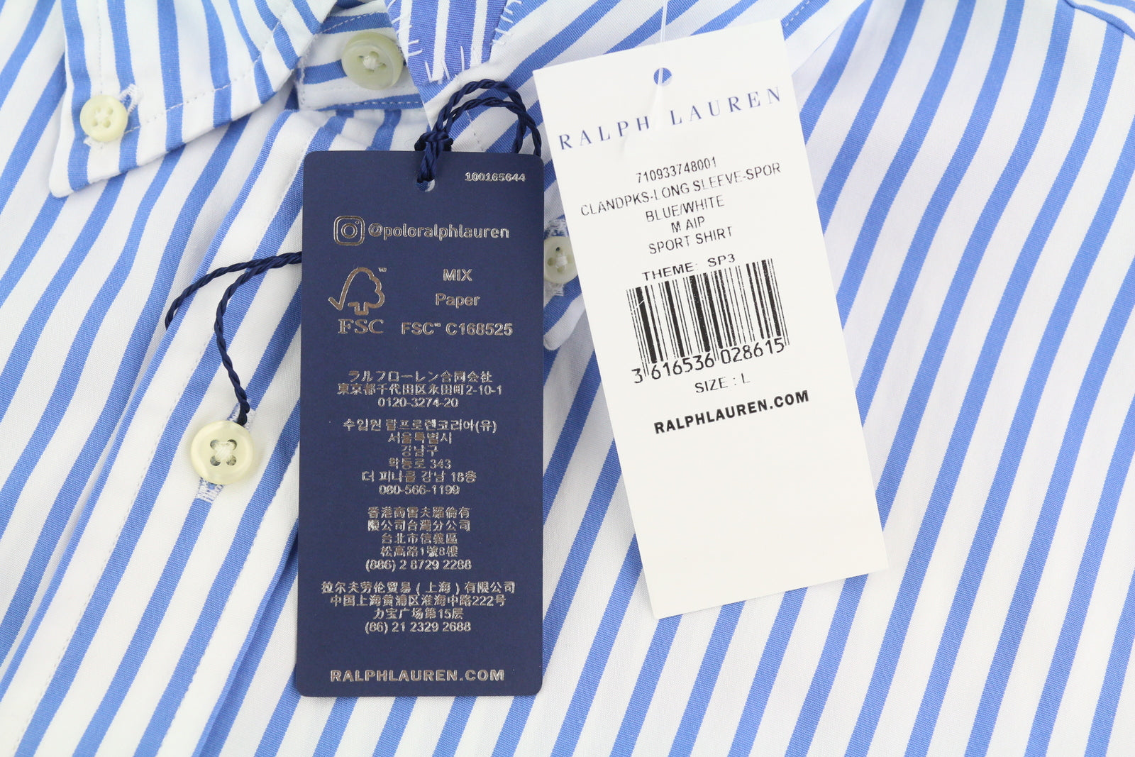 RALPH LAUREN klasikinio kirpimo vyriški marškinėliai L, mėlyni, dryžuoti, su sagomis RRP170